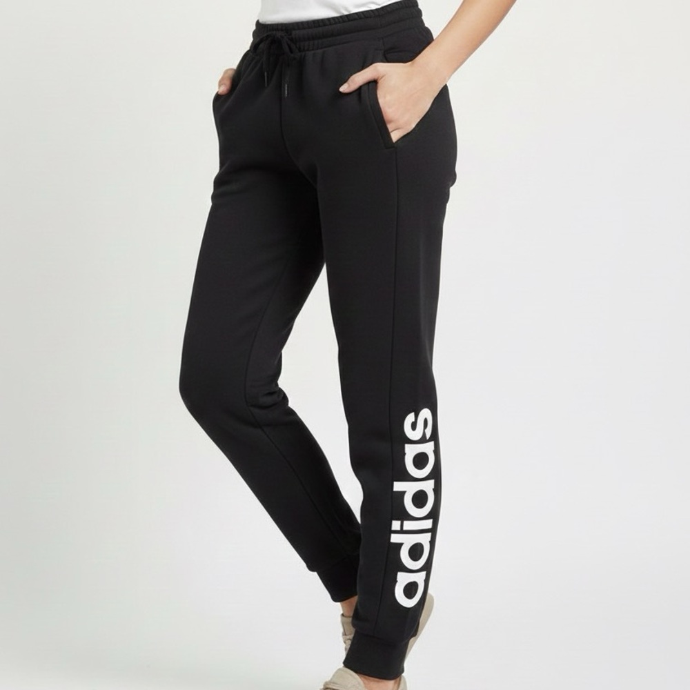 Adidas Essentials Linear Spell Out Black Fleece Jogger Sweatpants Size M Medium